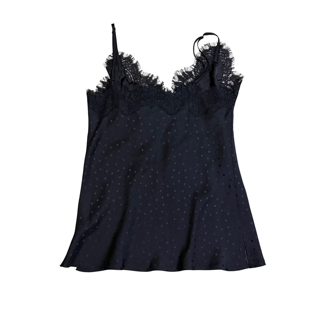 Gold Hawk Black Silk Lace Trim Polka Dot Camisole Top Small Eyelash Lace Cami - Picture 5 of 6